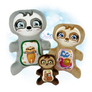 May include: Three plush sloth toys in varying sizes, featuring embroidered faces with large blue or green eyes. The gray, tan, and dark brown sloths have central fabric panels displaying colorful printed graphics of sloths in different settings.