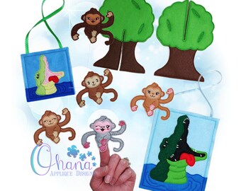 May include: Appliqué designs featuring monkeys, trees, and crocodiles. The designs include felt cutouts of monkeys in various poses, green trees with brown trunks, and crocodiles with open mouths. Two blue felt squares with crocodiles are also included.