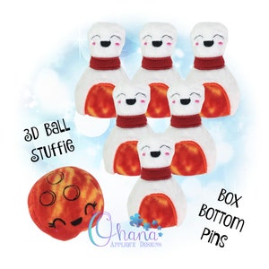 May include: A set of six red and white bowling pin plush toys with smiling faces. The pins are arranged in a triangle shape. A red and orange bowling ball plush toy with a smiling face is in the foreground. The text "3D Ball Stuffie" is in the upper left corner of the image. The text "Box Bottom Pins" is in the lower right corner of the image.