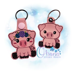 Floral Pig Key Chain, key fob, snap tab In The Hoop Machine Embroidery Designs