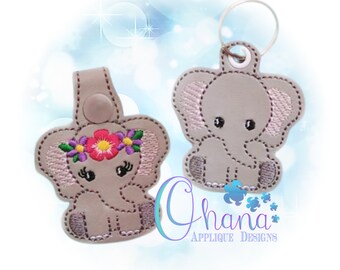 Nyckelring med blommig elefant, nyckelring, tryckknapp The Hoop Designs Maskinbroderidesigner