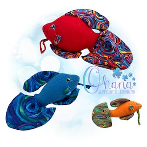 May include: Three plush betta fish toys with colorful swirl patterns. The fish are red, blue, and orange. The fish have large eyes and a small mouth. The fish are all in a playful pose.  Ohana Applique Designs.