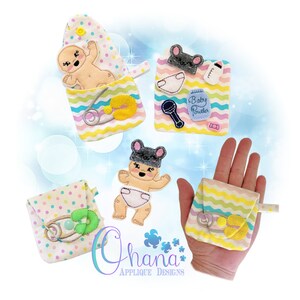 May include: A set of five felt pouches with embroidered baby-themed designs. The pouches are in various colors, including pink, yellow, blue, and green. Each pouch has a different design, including a baby in a diaper, a baby bottle, a pacifier, and a baby powder jar. The pouches are perfect for storing small items, such as jewelry, coins, or sewing supplies.