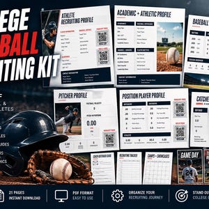 Peut inclure: Un kit de recrutement de baseball universitaire de 21 pages au format PDF comprenant des profils d'athlètes, un suivi académique, des statistiques et des guides de contact. Le kit inclut des modèles de profils avec codes QR et images.