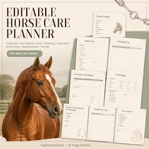 Può includere: Un pianificatore modificabile per la cura dei cavalli con una testa di cavallo marrone e diverse pagine di documenti tra cui profilo, cura quotidiana, registro alimentazione, esercizio, toelettatura, maniscalco, farmaci e registri veterinari.