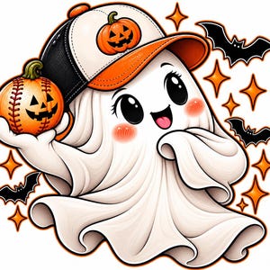 May include: A cartoon ghost wearing a white and orange baseball cap with a pumpkin icon, holding a small orange pumpkin with a jack-o'-lantern face. The ghost has large black eyes, pink cheeks, and is surrounded by black bats and orange star shapes.