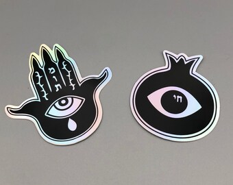 LIFE & DEATH Jewish Holo Sticker Pair - Claw Hamsa - Eye Pomegranate