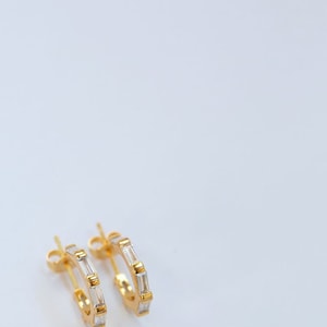 925 Sterling Silver Small Gold CZ Baguette Pavé Hoops, Small Gold Baguette Pavé Hoops, Small Baguette Hoops, Gold Baguette Hoop Earrings