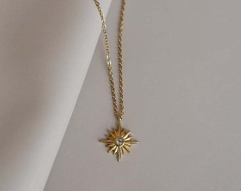 Celestial Sunburst Necklace, Gold Starburst Necklace, Gold Sunburst Pendant Necklace, North Star Necklace, Sun Necklace, Celestial Necklace