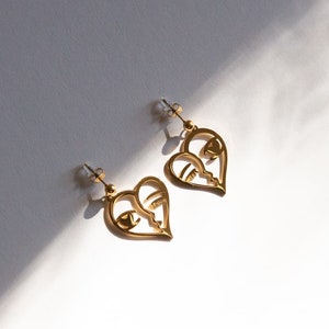 Gold Heart Abstract Face Earrings, Artistic Abstract Earrings, Heart Face Earrings, Abstract Face Earrings, Picasso Style Earrings