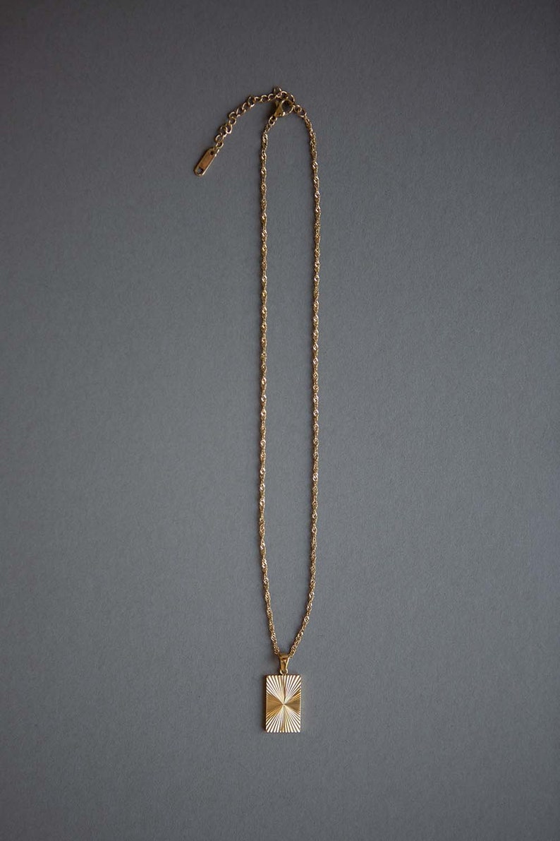 Rectangular Starburst Gold Sunburst Signet Necklace, Rectangular Sunburst Necklace, Gold ...