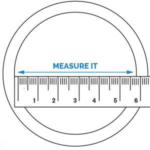 Op de afbeelding: Een witte liniaal met zwarte markeringen is geplaatst onder een cirkel met de tekst "MEASURE IT" erboven. De liniaal meet tot 6 inch.