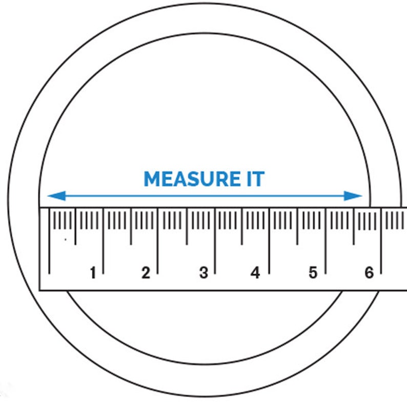 Op de afbeelding: Een witte liniaal met zwarte markeringen is geplaatst onder een cirkel met de tekst "MEASURE IT" erboven. De liniaal meet tot 6 inch.
