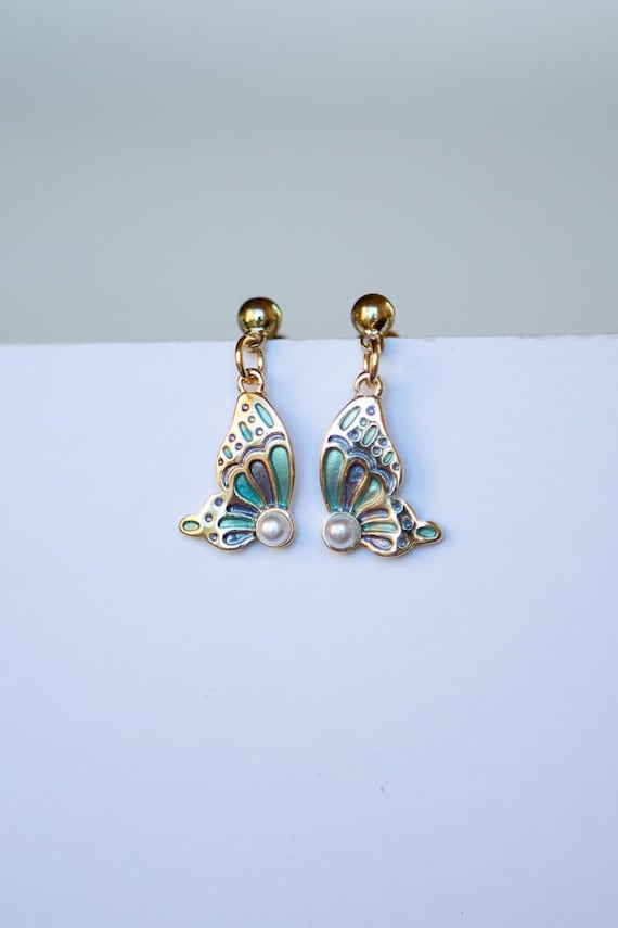 Boho Butterfly Wing Drop Earrings, Blue and Turquoise Butterfly Earrings w/Pearl Accent, Dainty Butterfly Earrings, Butterfly Drop Earrings