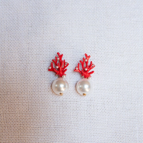 Red Coral Pearl Stud Drop Earrings, Red Coral Branch Pearl Drop Earrings, Red Coral Drop Earrings, Red Branch Pearl Drop Earrings