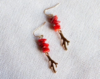 Red Chip Bead Gold Coral Branch Dangle Drop Earring, Red Coral Drop Earrings, Red Coral Dangle Earrings, Red Coral Branch Earrings