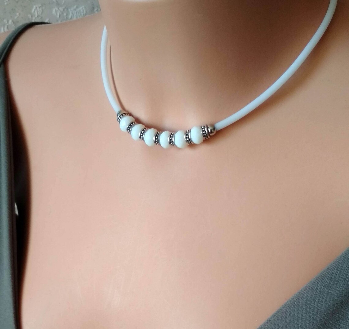 White Beaded Choker Necklace White Thin Elegant Choker Etsy