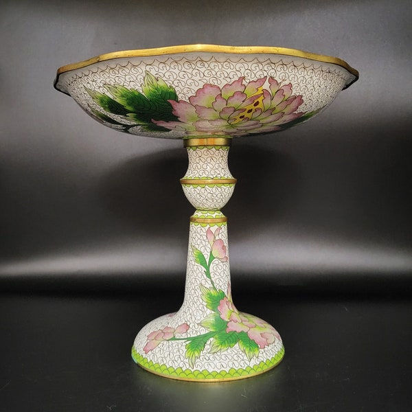 Antique Cloisonné Pedestal Dish with Floral Decor. Solid Brass Enameled Compote/Tazza. Handmade ChineseDecorative Bowl on a Stand.