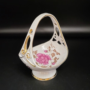 Porcelain Basket. Vintage Porcelain Biscuit/Candy Dish Made at KOROSTEN Porcelain Factory. Pink Rose. Ukrainian Porcelain Bowl. Trinket dish