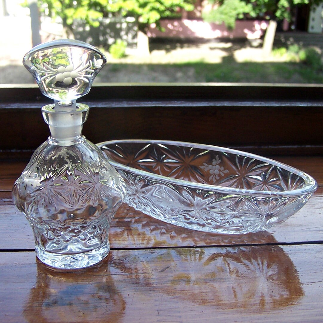 Vintage Crystal Glass Set. Clear Cut Glass Vanity Table Set. Crystal