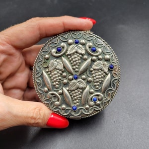 Antique German Silver Powder Box: Grapes & Cabochons Trinket Container