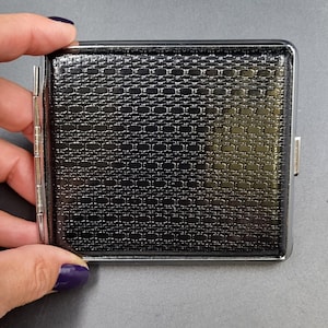 Black Cigarette Case. Metal Cigarette Box Covered with Black Leatherette. Retro Business/Credit Card Holder. Metal Wallet.