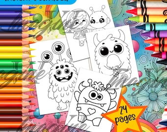 Digital Coloring Pages for kids - Cute Aliens and Monsters - Printable - Kids - Toddlers - Children