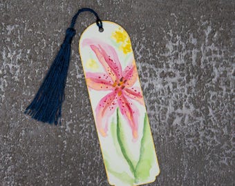 Watercolor Paintings Pink Lily Floral Bookmark, Original Artwork, Handmade, Art Gifts