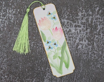 Watercolor Paintings Pink Tulips Floral Bookmark, Original Artwork, Handmade, Art Gifts