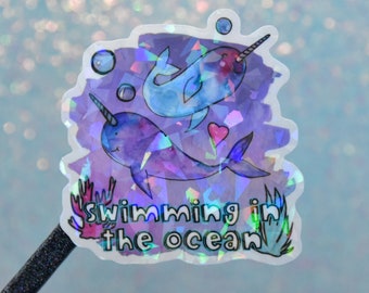 Cute Narwhal Gifts, Vinyl Decals for Laptops, Holographic Sticker for Planners, For Animal Lovers, Ocean Art Sea Designs