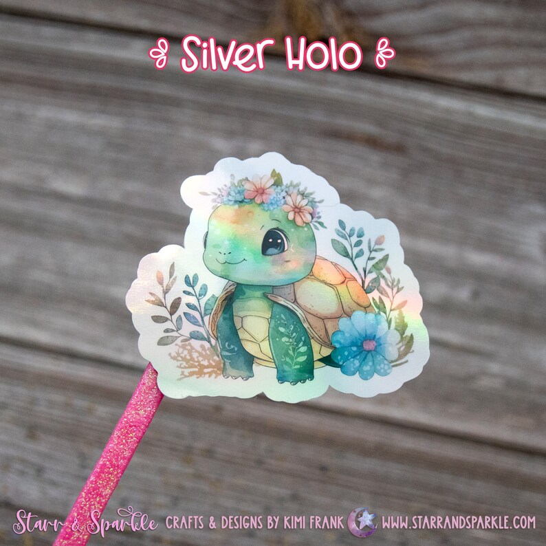 Turtle Sticker, Watercolor Print, Decals for Laptops, Stickers for Planners, For Books, Journal Decoration Silver Holo