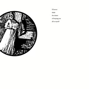 以下が含まれることがあります： 花束を持った花嫁が階段を降りている白黒のイラスト。画像の右側に「I'll never shake the shame of keeping you all to myself」というテキストが書かれている。