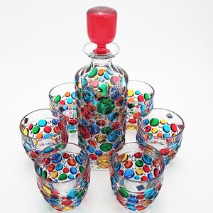 Bubbly Set – Whiskey Bottle & Six Tumblers, Hand-Painted Bohemia Crystal, Murano Style