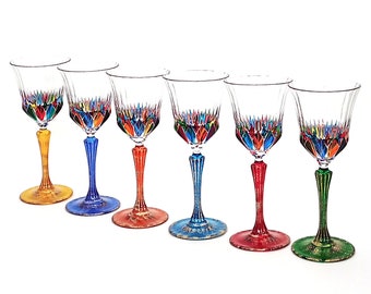 Set 6 Adagio goblets cl.22 multicolor crystal hand painted Murano style Venice