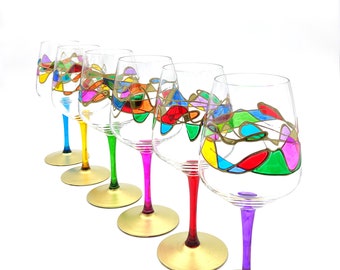 Ensemble de 6 verres en cristal multicolores vagues arc-en-ciel cl.50 peints à la main style Murano Venise