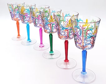 Set 6 Liberty goblets cl.29 multicolor crystal hand painted Murano style Venice