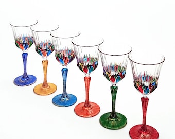 Set 6 Adagio goblets cl.28 multicolor crystal hand painted Murano style Venice