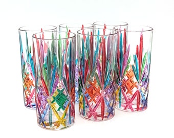 Set of Six 6 Murano Wine Glass Hand Painted Multi Blue Red Green