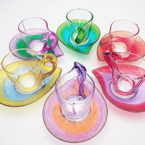 Happy set six coffee cups with saucer, shaded tones, crystal, hand painted Murano style Venice