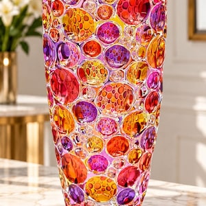 May include: A tall, cylindrical glass vase featuring a vibrant, multi-colored pattern of raised, circular bubble-like textures in shades of magenta, orange, yellow, and purple. The surface is translucent, allowing light to pass through the glass.