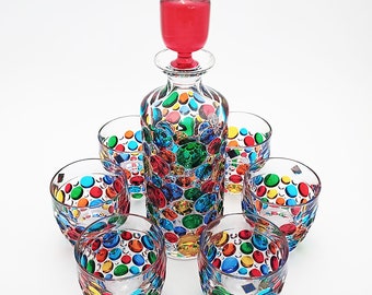 Bubbly set, whiskey bottle and six tumblers, hand-painted Bohemia crystal, Murano Venice style