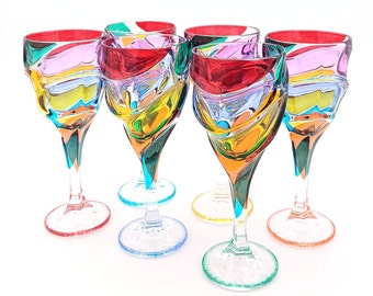 Set 6 Dance of colors goblet 32 cl. multicolor hand-painted crystal Murano style Venice