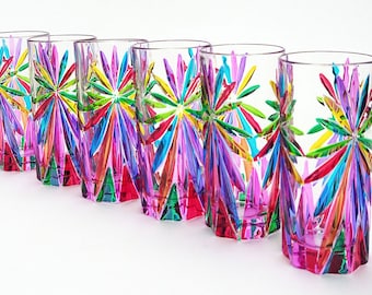 set 6 Oasis drinking cup cl.36 multicolor crystal hand painted Murano style Venice