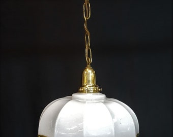 Vintage Milk White Glass with Yellow Gold Trim and Brass Chandelier