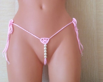 Vita pärlstringtrosor, erotiska underkläder, poledancebikini, virkad stringtrosa, virkad bikinitrosor, erotisk stringtrosa, sexig stringtrosa, sexig pärla