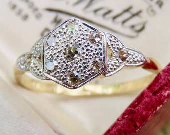 18ct Yellow Gold & Platinum Art Deco Diamond Cluster Ring – size approx: L(UK) Edwardian / Art Deco Engagement