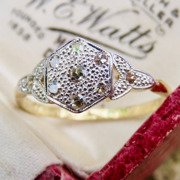 18ct Yellow Gold & Platinum Art Deco Diamond Cluster Ring – size approx: L(UK) Edwardian / Art Deco Engagement