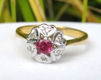 18ct Yellow Gold & Platinum Vintage Ruby and Diamond Cluster Ring – size approx: O(UK) approx 7.25(US)