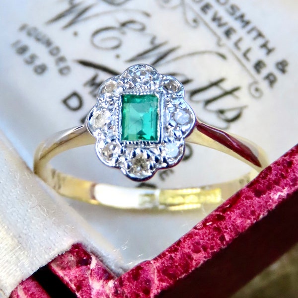 Art Deco Emerald and Diamond Ring, 18ct Yellow Gold and Platinum, Vintage Emerald Engagement Ring, 1930s Jewelry Jewellery Gift