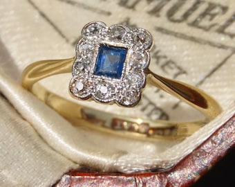 Art Deco Sapphire Diamond Ring: 18ct Gold & Platinum, 1920s Vintage
